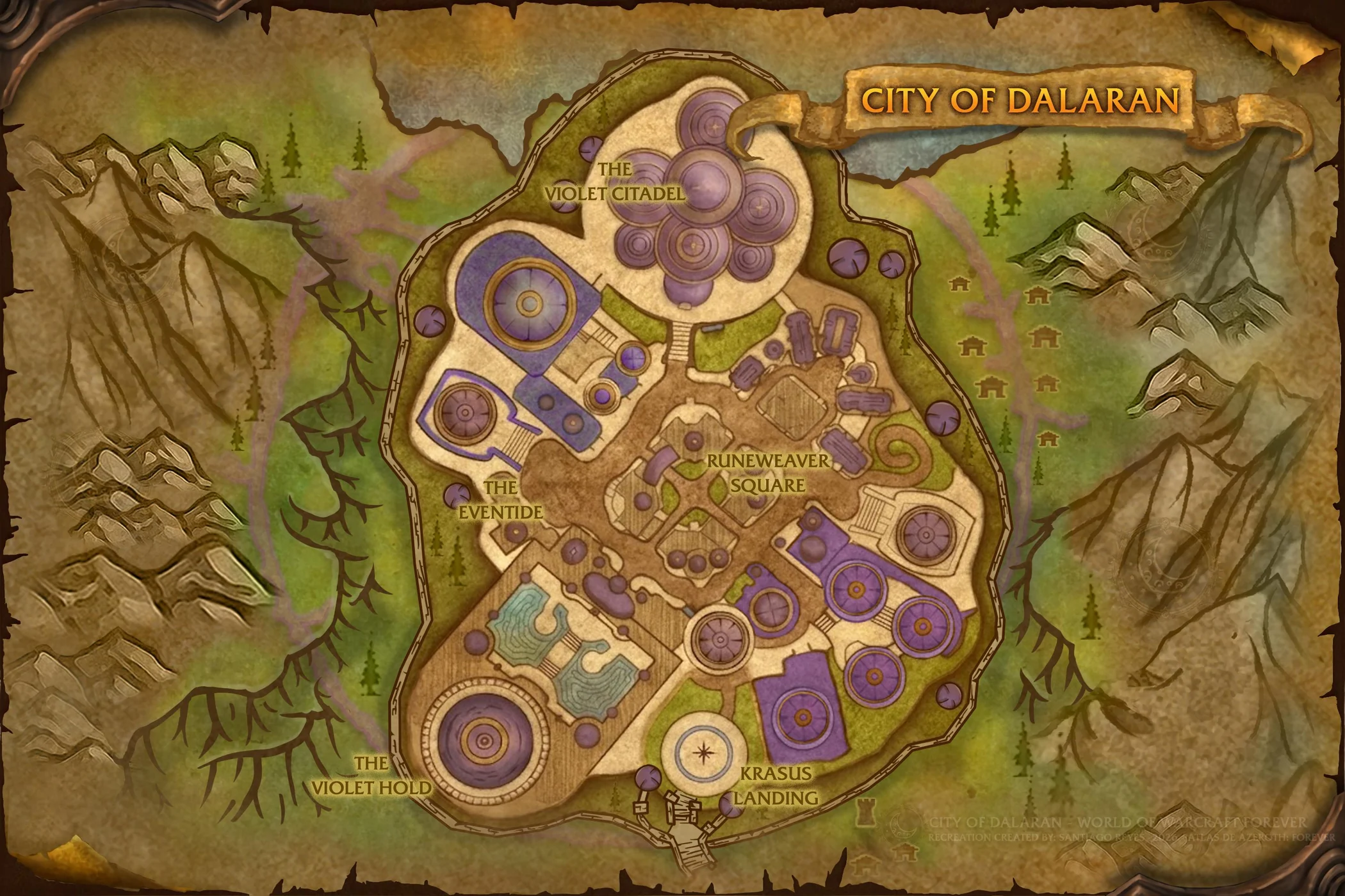 The city: the Violet Citadel at the north, Runeweaver Square in the middle, the Violet Hold at the southwest. Map: Santiago Reyes.