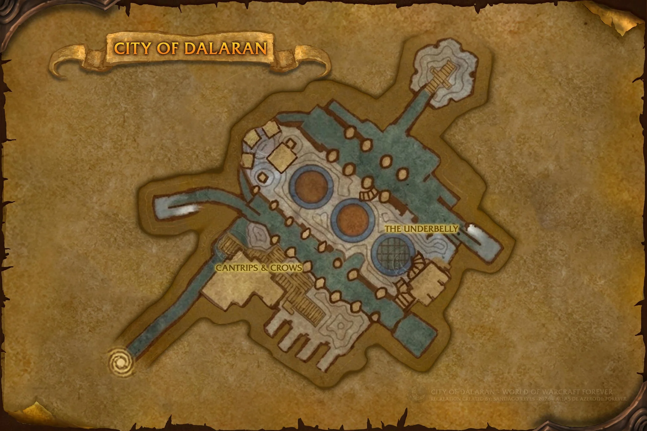 The sewers: Cantrips & Crows, the Underbelly and, at the end of a pipe, the portal. Map: Santiago Reyes.