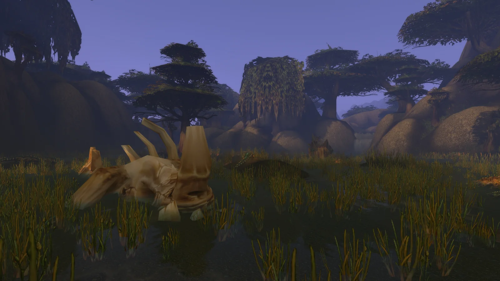 Lost Marsh, inside the dungeon: a giant skull in the reeds and a crocolisk in the water. Picture: Blizzard.