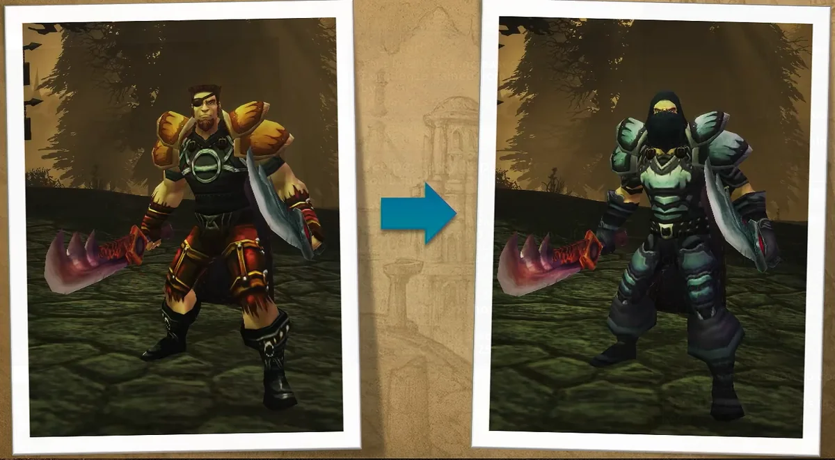 A warrior before and after a transmog, on a slide of Blizzard’s BlizzCon panel