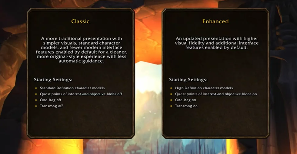 The Classic and Enhanced cards of the first login, with their starting settings
