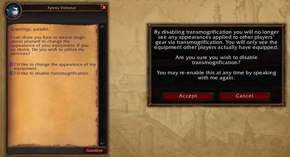 Fyrenz Vishonar’s two options, and the window asking to confirm before transmog is turned off