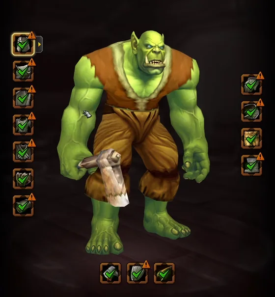 An orc in the Transmogrify window, dressed
