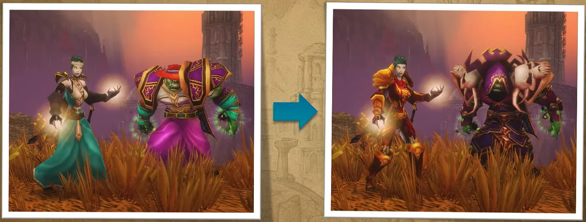 Two players as their transmog shows them, then in the gear they really wear