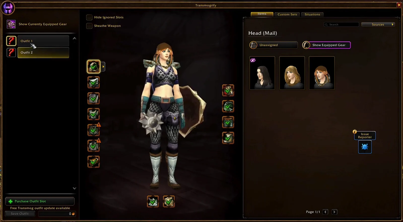 The Transmogrify window on the WoW Forever beta, with its parts numbered