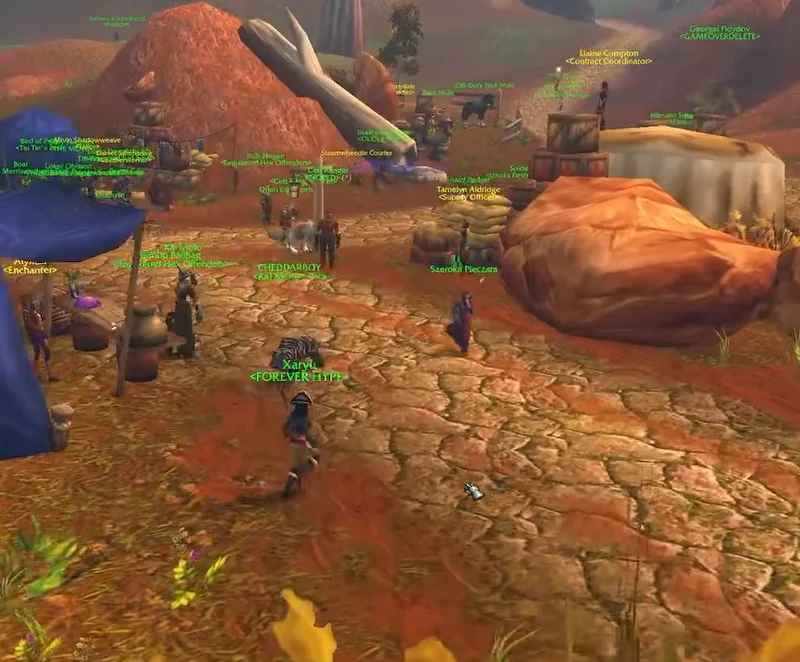 The Alliance trade camp at Three Corners, in game: the enchanting vendor’s tent, the supply officer and the crates